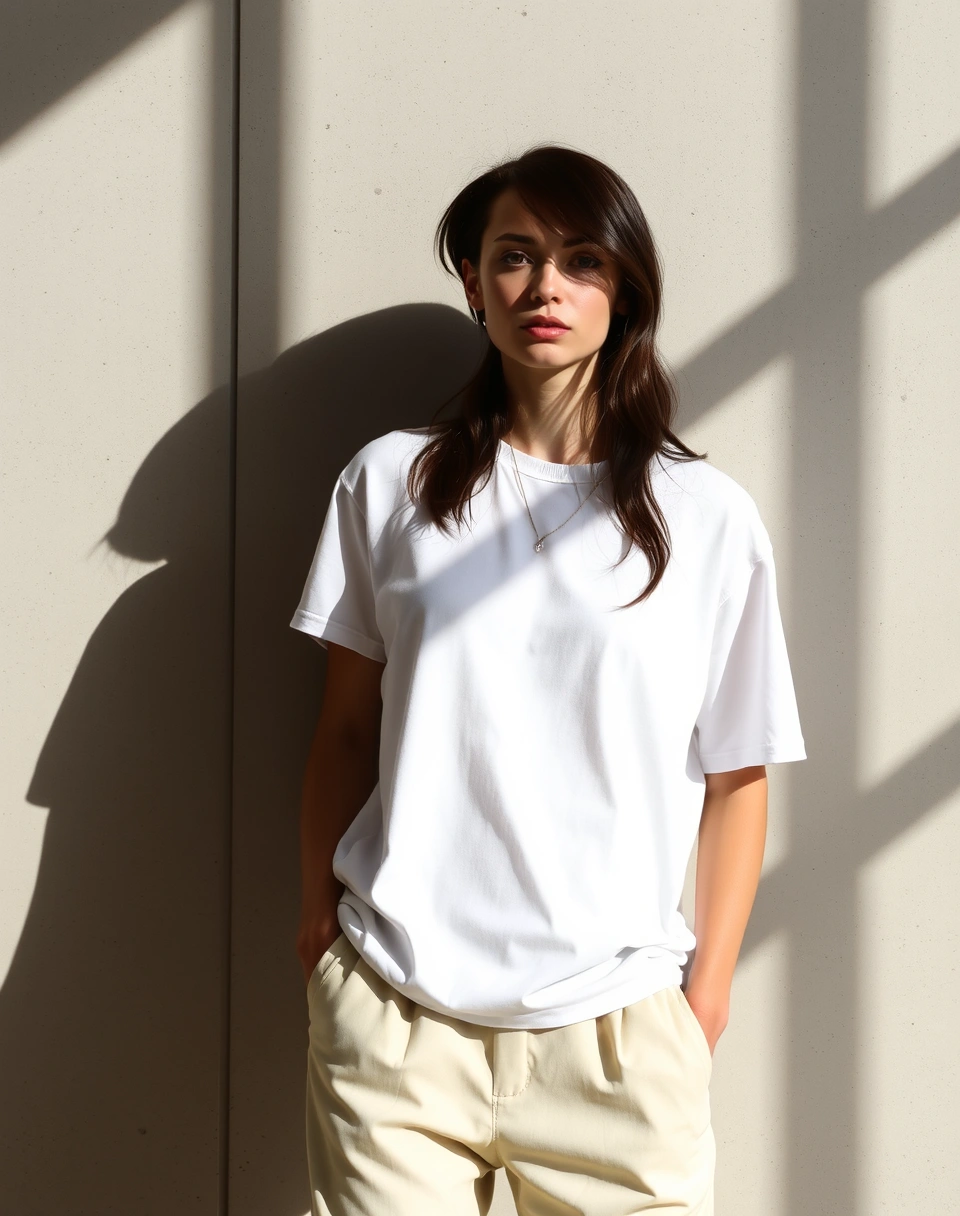 Model wearing essentials collection - neutral basics against concrete