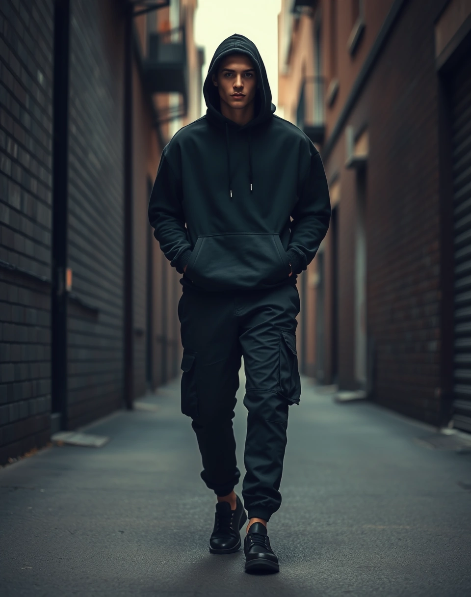 Model in street series collection - urban streetwear in city alley