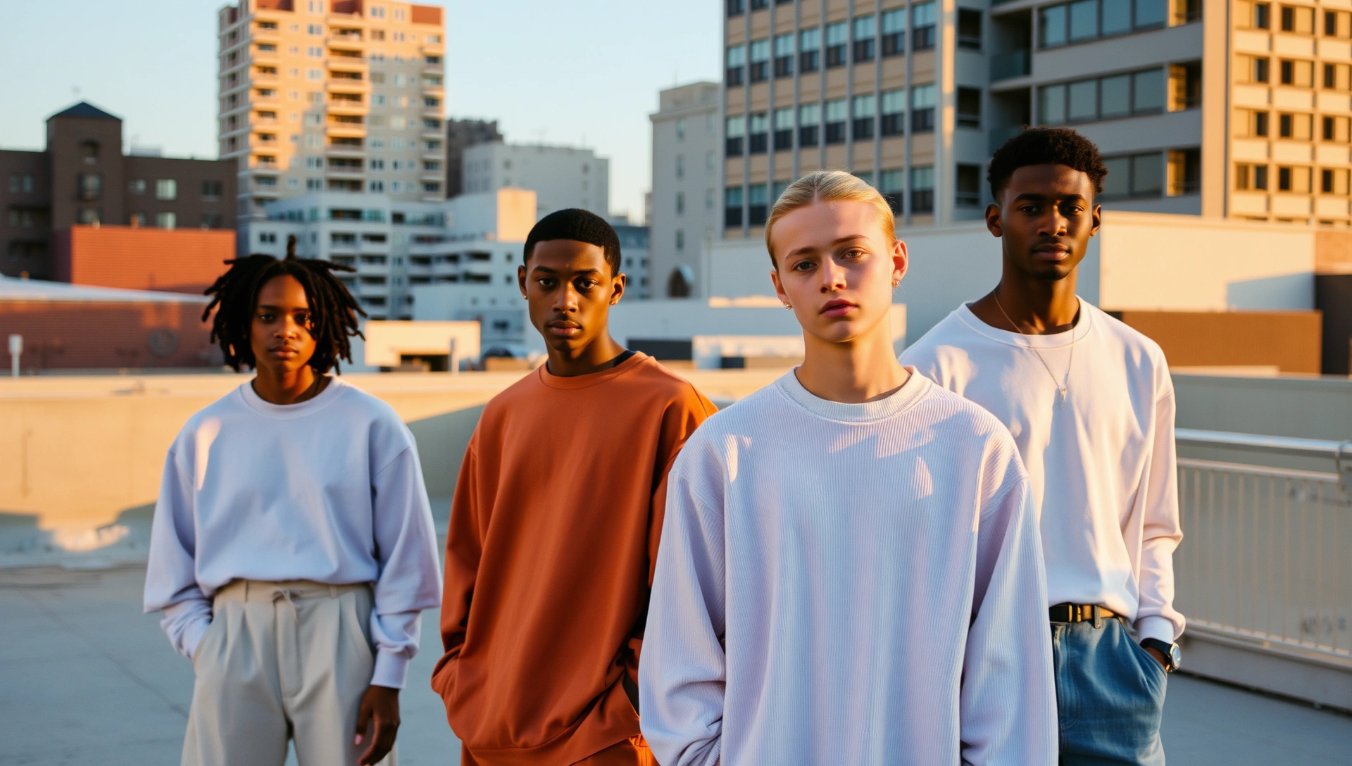 Spring collection campaign - models in elevated basics on urban rooftop at golden hour